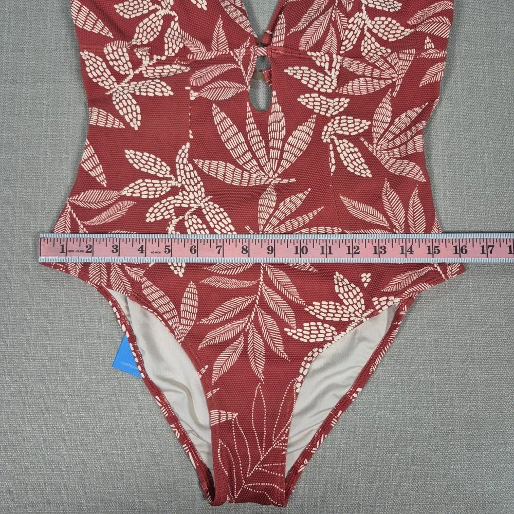 Cupshe‎ Womens Rust Tropical Leaf Print One Piece Swimsuit Cutout V-Neck Size L